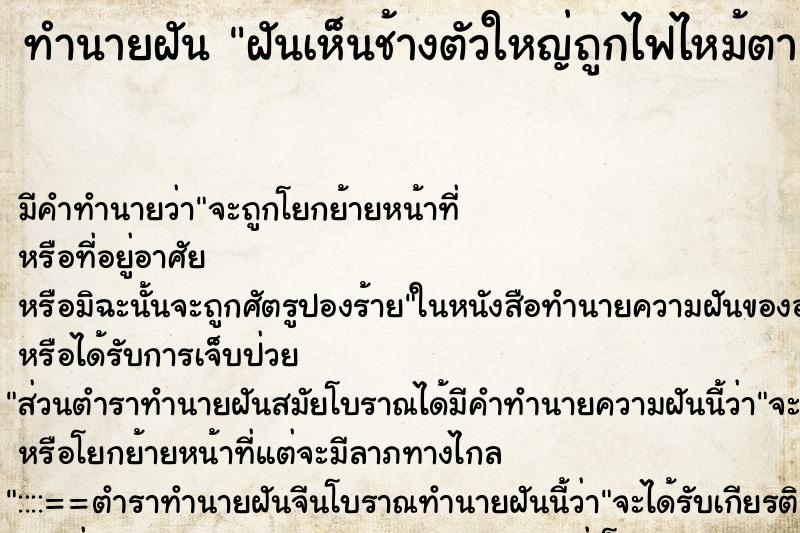 ทำนายฝัน ฝันเห็นช้างตัวใหญ่ถูกไฟไหม้ตาย  ตำราโบราณ แม่นที่สุดในโลก